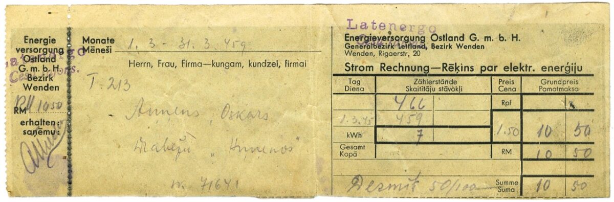 Enerģijas pārvaldes "Latenergo" Cēsu rajona rēķins par patērēto elektroenerģiju. 1945. gads. Rēķina sagatavošanā izmantota Enerģijas apgādes